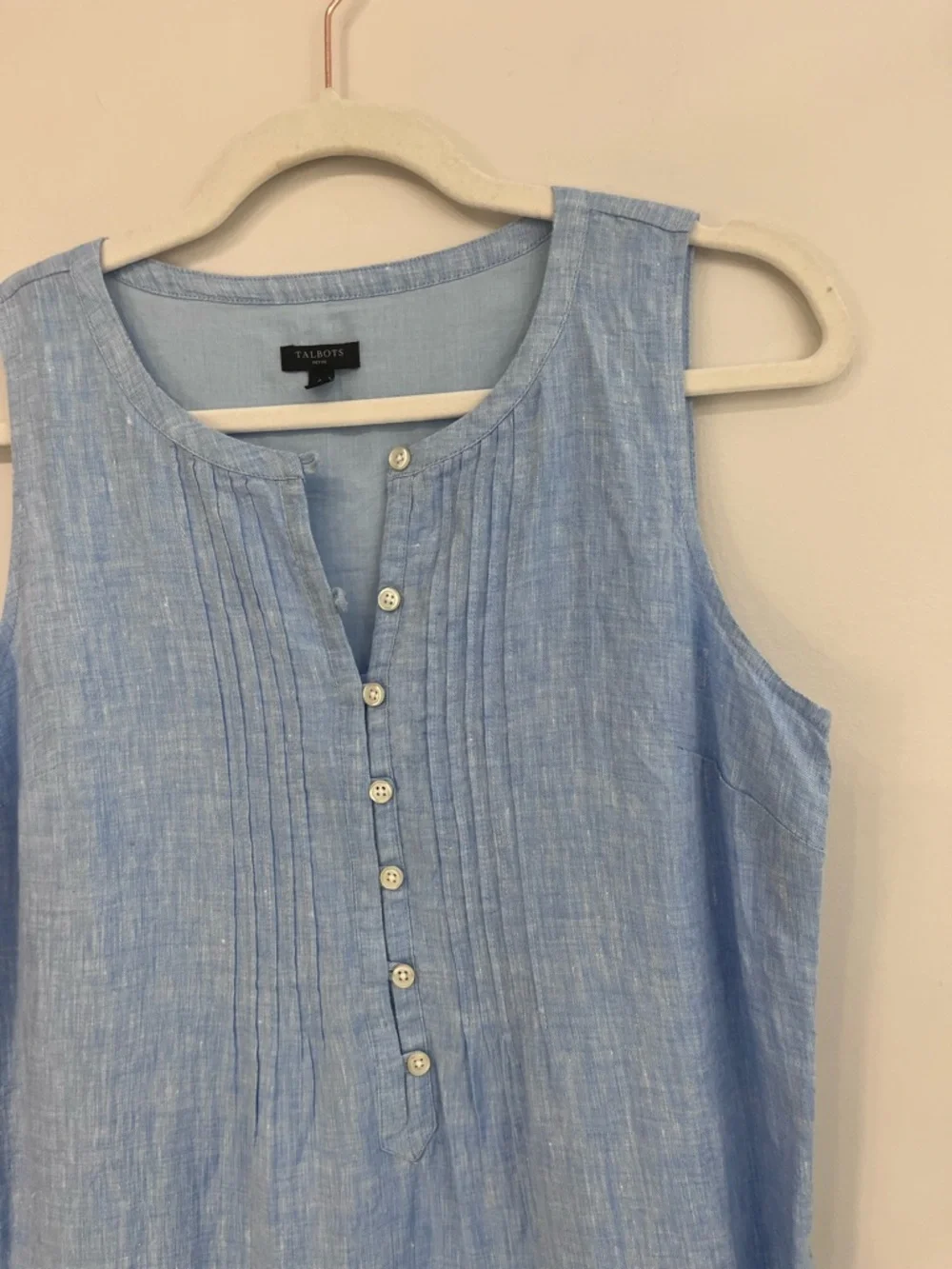 Talbots Petite  Dress Blue Linen Striped Hem Pintuck Sleeveless Shift 4P - Picture 5 of 8